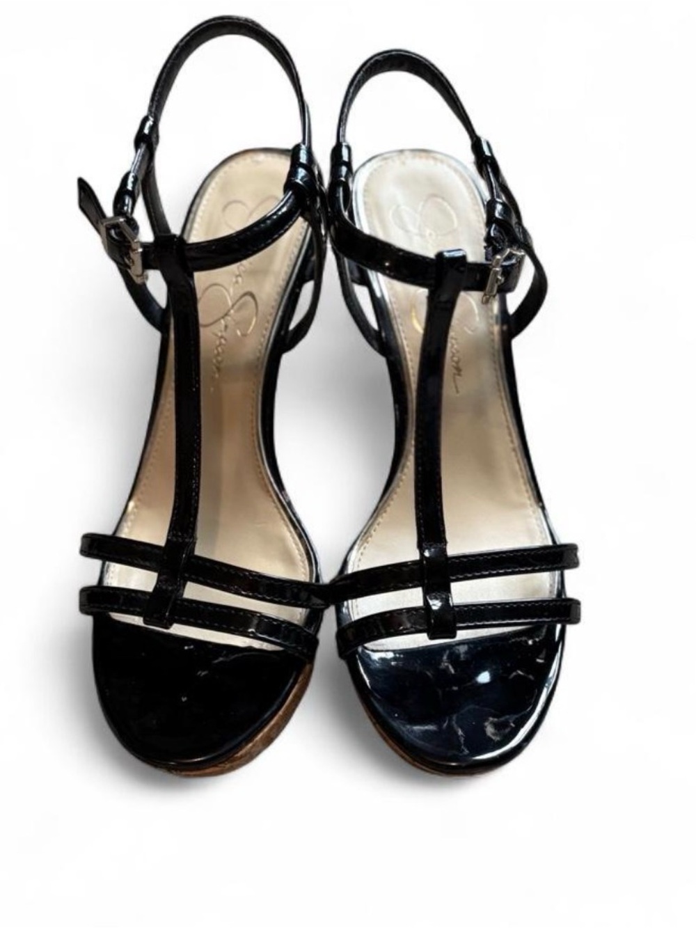 Jessica Simpson Black Patent T-Strap Wedge Sandals